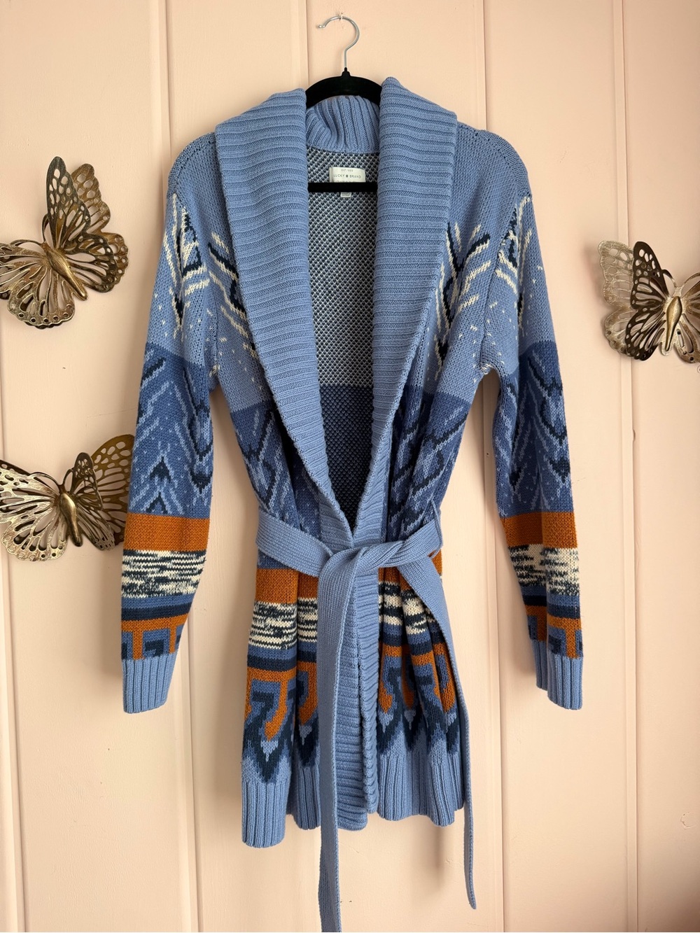 Lucky Brand Light Blue Geometric Belted Shawl Cardigan with Rust Accents szM